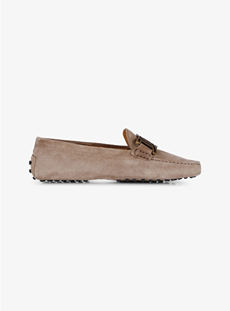 Mocassin suede beige met mat goud logo