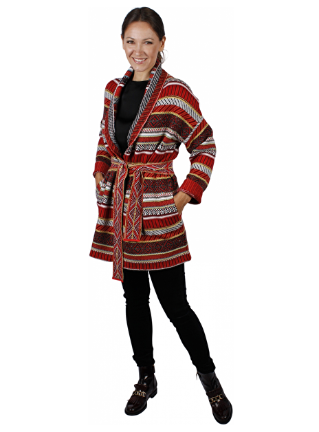 Vest intarsia rood met shawlkraag