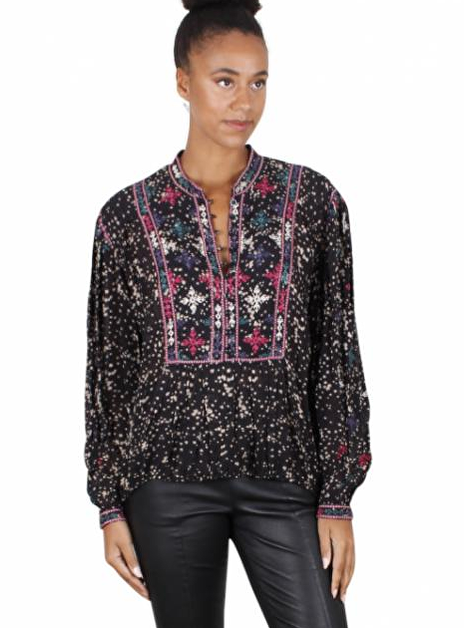 Blouse zwart borduurdessin, zwart, groen, framboos