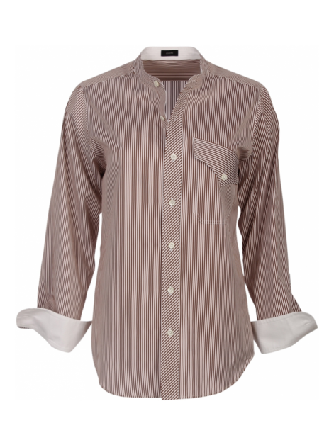 blouse streep bruin wit met opstaand kraag