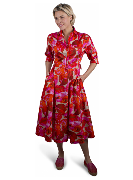 Jurk blad dessin rood, roze, beige