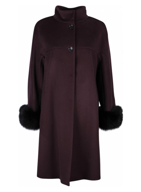 Coat wol aubergine met furry manchetten
