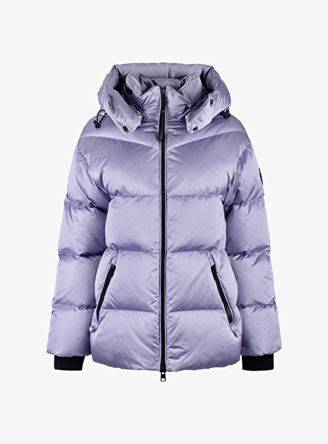 Satin logo puffer lila met cap en zwarte ritsen en windvangers