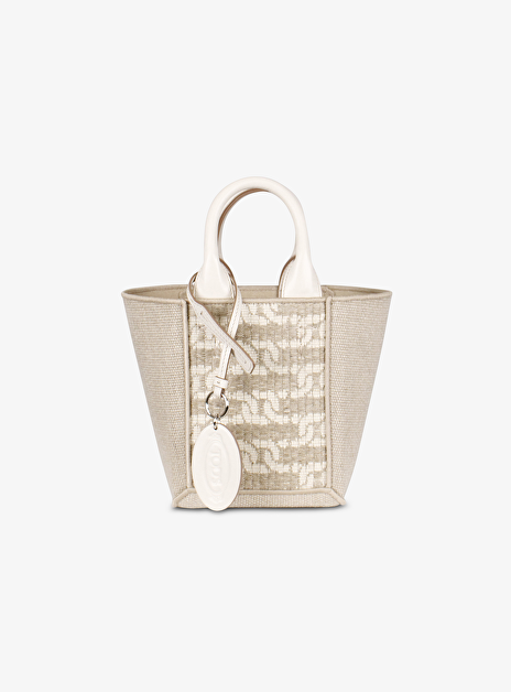 Shopper structuur linnen leer mini logo beige