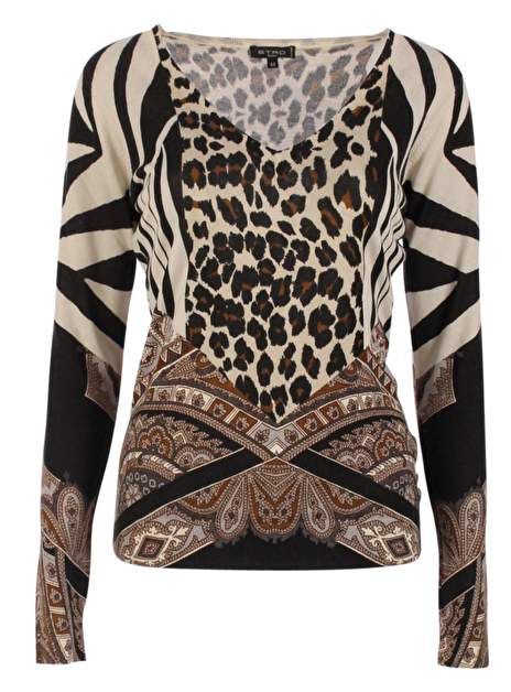 pull dierenprint v hals zwart ecru bruin