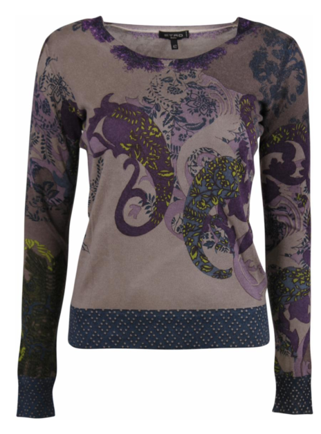 Pull zijde, cashmere paars groot paisley dessin