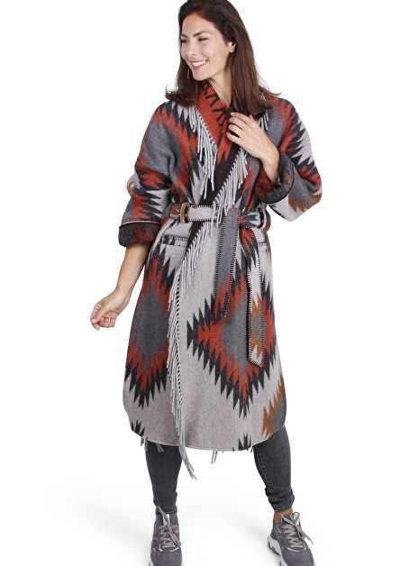 Jas Aztec dessin franjes grijs zwart beige terra