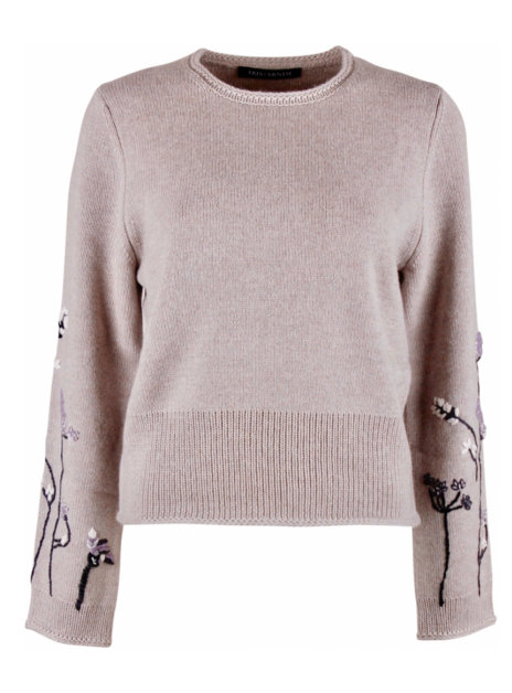 Pull Cashmere bloemen taupe paars offwhite