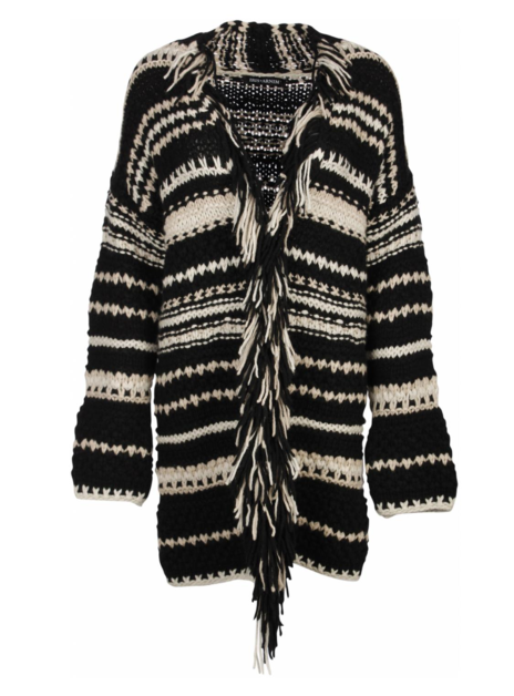 Vest grof gebreid zwart, wit beige franjes