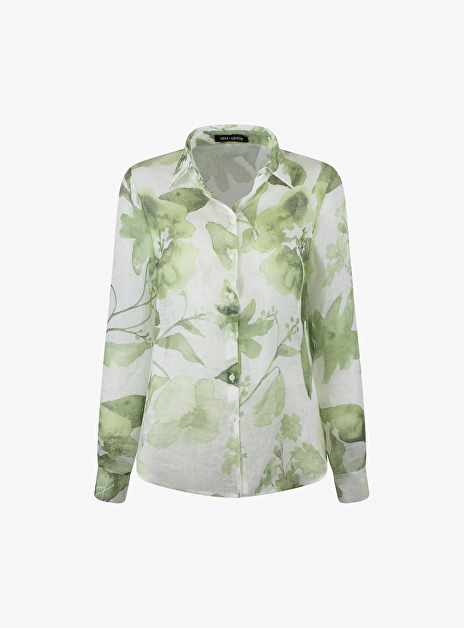 Blouse carmen wit groen bladerdessin linnen