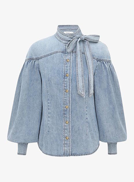Denim tie neck blouse