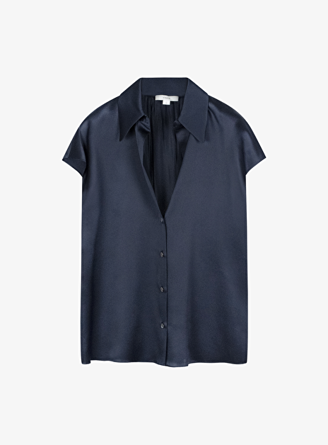 Blouse marine zijde met kort kap mouwtje