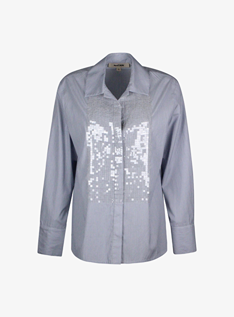 Blouse dean wit blauw streep pailletten