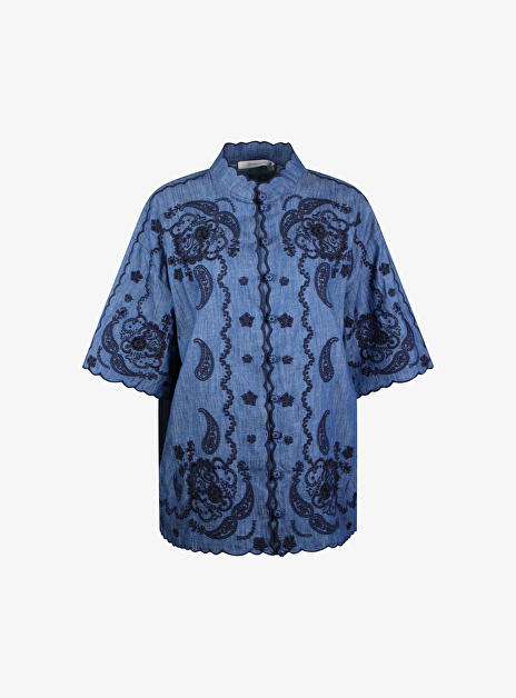 Blouse jeans met broderie donkerblauw