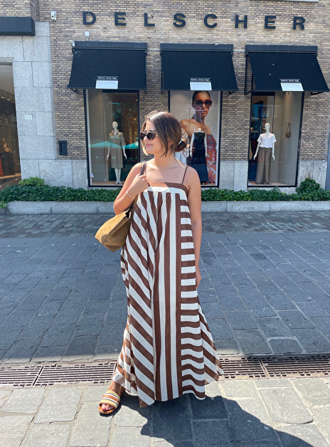 Daylight stripe jurk bruin wit strapless