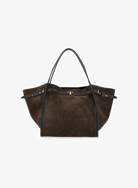 T Signature Shopping Bag Medium Suède Leer Bruin Zwart