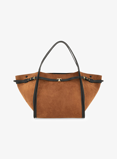 T Signature Shopping Bag Medium Suède Leer Cognac Zwart