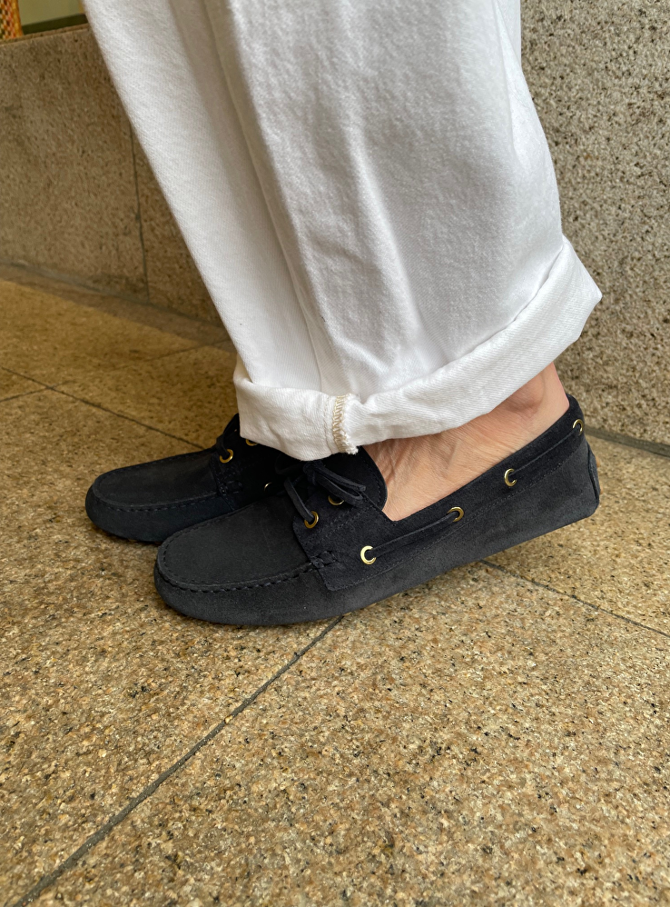 blue suede boat loafer